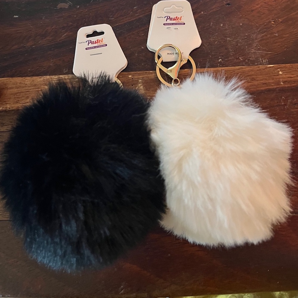 2 Pastels Black and White Fluffy Pom Pom Keychain